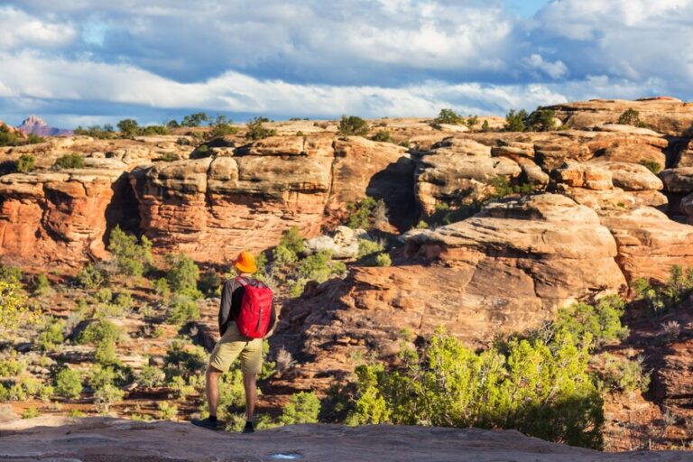 a man standing on a cliff looking at a rocky landscape