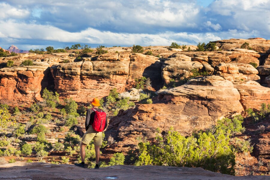 a man standing on a cliff looking at a rocky landscape