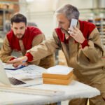 Carpenter talking on the phone while using computer in a worksho